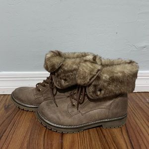 Gray-Brown Faux Fur Combat Boots w/ Broncos Laces